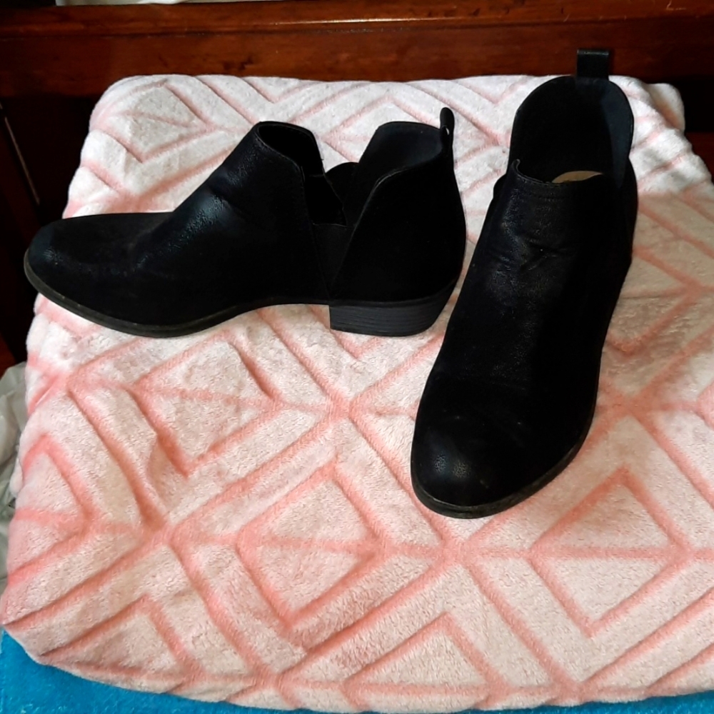 Black Suade Ankle Heeled Boots, Size 8.5